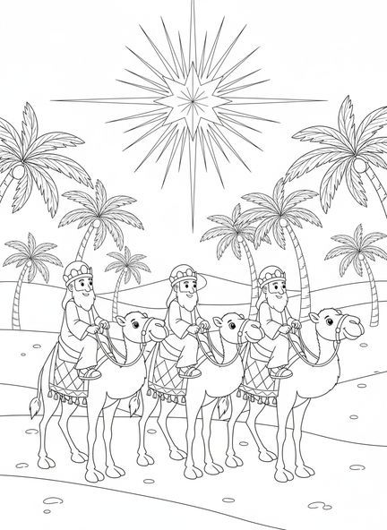 Trois rois mages sur des chameaux, page à colorier Épiphanie pour enfants de 5 à 10 ans