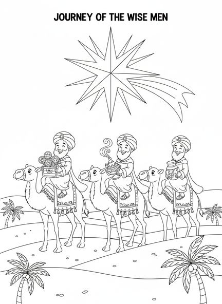 Tres Reyes Magos en camellos, página para colorear de incienso para niños de 5 a 10 años.