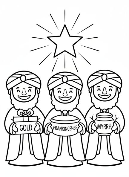 Tres reyes magos, página para colorear de incienso para niños de 3 a 5 años