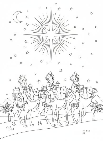 Trois mages en dessin animé, page à colorier des mages offrant des cadeaux en or pour les enfants de 5 à 10 ans