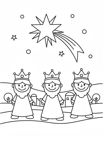 Trois Mages de dessin animé, page à colorier des Mages offrant de l'or pour les enfants d'âge préscolaire de 3 à 5 ans
