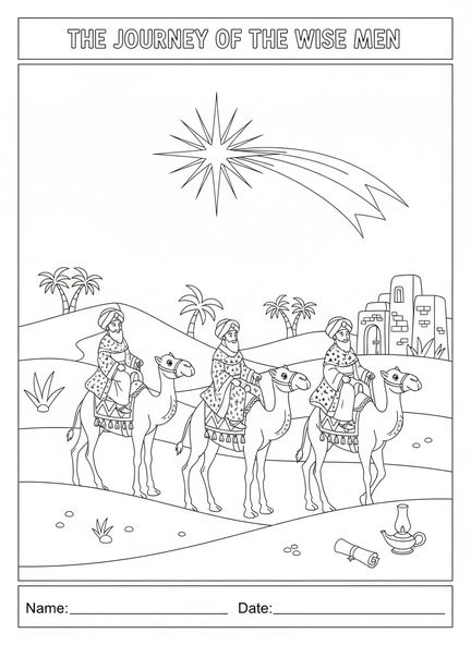 Tres magos de caricatura, página para colorear de los Magos con el regalo de oro para niños de Escuela Dominical de 5 a 12 años.