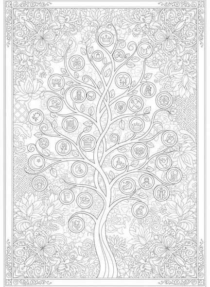 Tronc orné de l'Arbre de Jessé avec des symboles, page à colorier de l'Arbre de Jessé pour adultes dans un style de journal biblique.