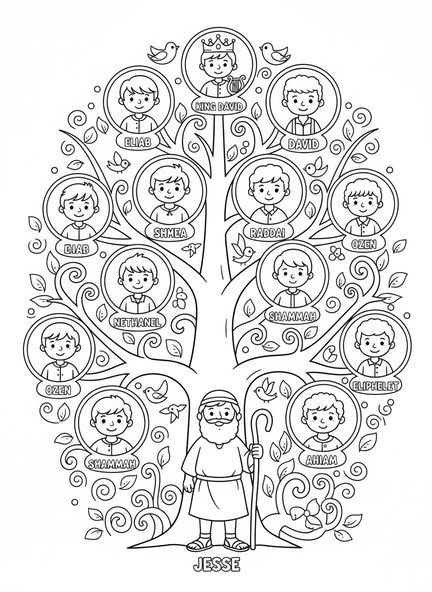 Arbre généalogique avec Jessé et ses fils, page à colorier de l'Arbre de Jessé pour les enfants de 5 à 10 ans