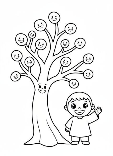 Rama del Árbol de Jesé sonriente, página para colorear del Árbol de Jesé para niños de 3 a 5 años.