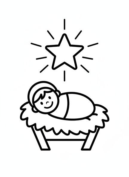 Bebé Jesús sonriente, página para colorear del Bebé Jesús en el pesebre para niños de 3 a 5 años
