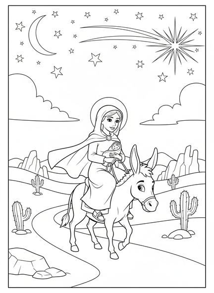 María montando un burro, página para colorear de María y el burro en Belén para niños de 5 a 10 años
