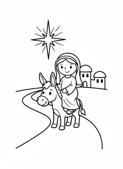 María sonriente en un burro, página para colorear de María y el burro en Belén para niños de 3 a 5 años