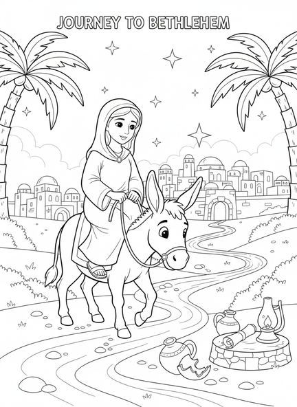 María en un burro, página para colorear de María en Belén para niños de la Escuela Dominical de 5 a 12 años.