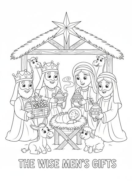 Tres Reyes Magos con regalos, página para colorear de la mirra para niños de 5 a 10 años