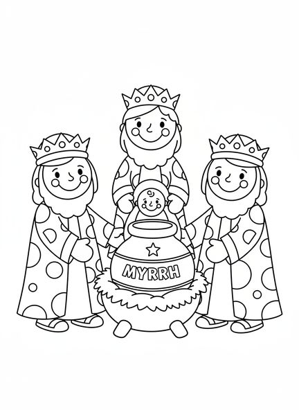 Tres reyes magos, página para colorear de la mirra para niños de 3 a 5 años