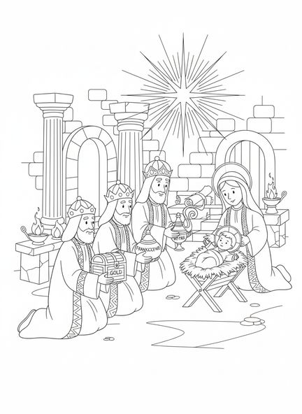 Tres reyes magos, página para colorear de la mirra para niños de Escuela Dominical de 5 a 12 años.