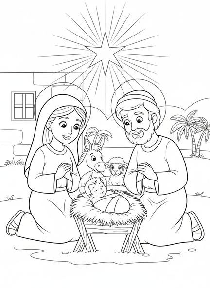 Maria e José, página para colorir da Sagrada Família na manjedoura para crianças de 5 a 10 anos