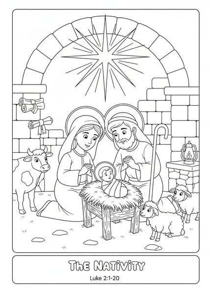Maria e José com o bebê Jesus, página de colorir da Sagrada Família na manjedoura para crianças da Escola Dominical de 5 a 12 anos