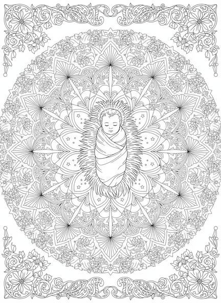 Presépio com o Bebê Jesus, Natividade Maria José Página para colorir para adultos estilo journaling bíblico.