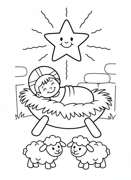 El bebé Jesús en el pesebre, página para colorear de la Estrella de Navidad sobre Belén para niños de 3 a 5 años