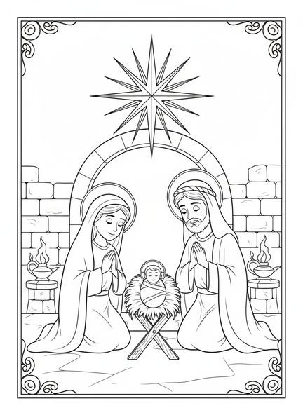 Cena do presépio com o bebê Jesus, página de colorir da Estrela de Natal sobre Belém para crianças da Escola Dominical de 5 a 12 anos.