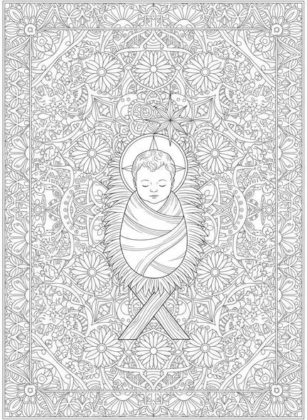 Das Jesuskind in der Krippe, Ausmalbild zur Weihnachtsgeschichte für Erwachsene im Bibel-Journaling-Stil.