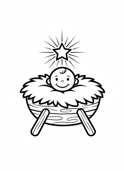 Lächelndes Baby in einer Krippe, Ausmalbild zur Weihnachtsgeschichte für Vorschulkinder im Alter von 3-5 Jahren
