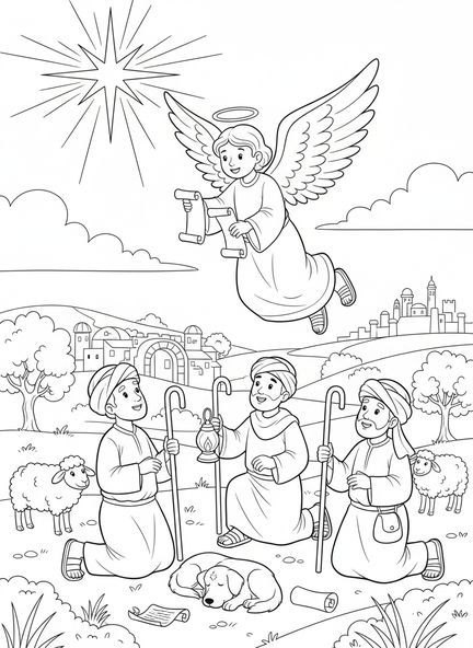 Ange avec annonce, page à colorier de la Nativité pour les enfants de l'École du dimanche âgés de 5 à 12 ans.