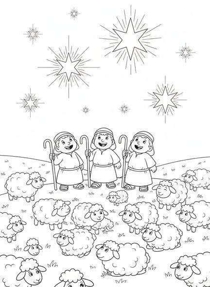 Tres pastores alegres, página para colorear de los Ángeles Pastores Anunciando Gloria para niños de 5 a 10 años.