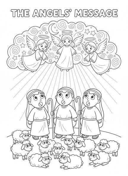 Grupo de pastores de dibujos animados, pastores ángeles pastores inclinándose ante el pesebre, página para colorear para niños de 5 a 10 años