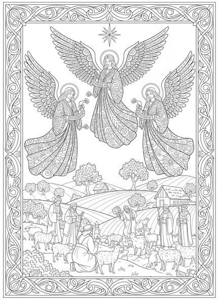 Engel am Nachthimmel, Engel der Hirten Ausmalbild für Erwachsene im Bibel-Journaling-Stil.