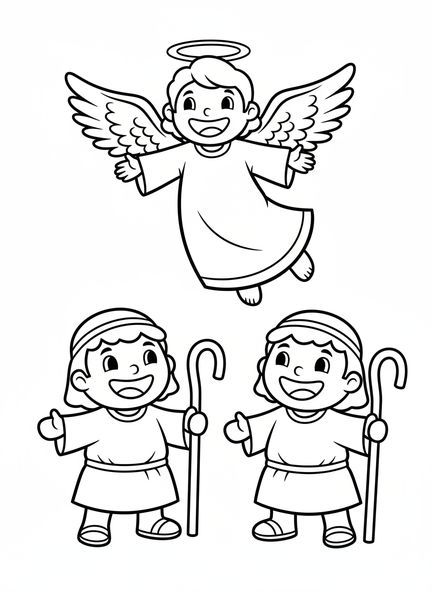 Dois pastores sorridentes, página de colorir dos Pastores e Anjos para crianças de 3 a 5 anos