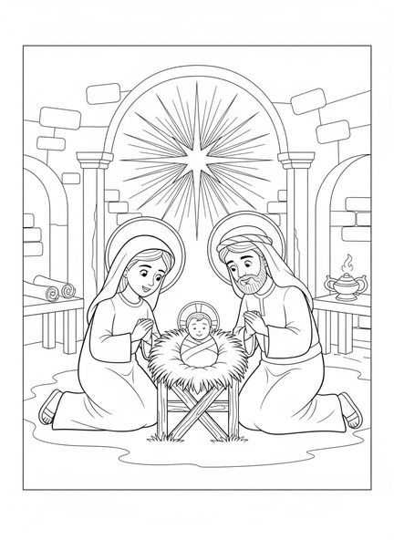 Ausmalbild von Maria und Josef, Stall in Bethlehem für Kinder der Sonntagsschule im Alter von 5-12 Jahren.