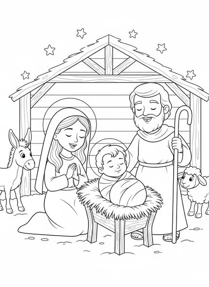 El bebé Jesús en un pesebre, página para colorear de Jesús envuelto en pañales para niños de 5 a 10 años