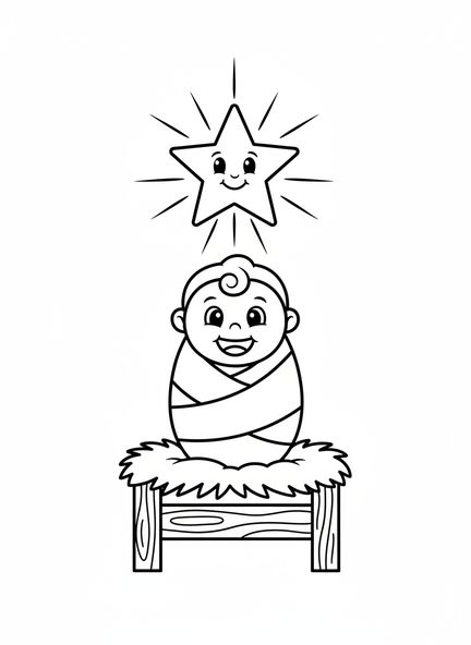 Jesús bebé sonriente, página para colorear de Jesús en pañales para niños en edad preescolar de 3 a 5 años.