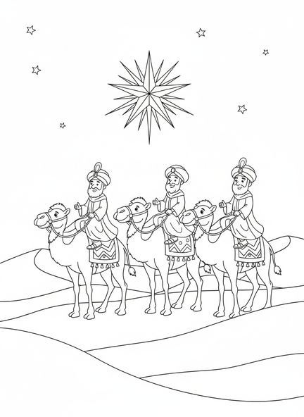Drei cartoonhafte weise Männer auf Kamelen, Ausmalbild der Heiligen Drei Könige, die dem Stern folgen für Kinder im Alter von 5-10 Jahren