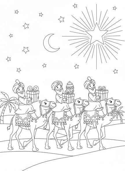Trois chameaux en dessin animé, les Trois Rois Mages présentant des cadeaux, page à colorier pour les enfants de 5 à 10 ans