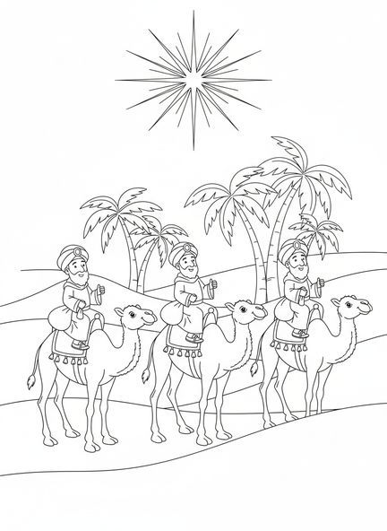 Trois Rois Mages sur des chameaux, page à colorier Trois Rois Mages avec des chameaux pour enfants de 5 à 10 ans.