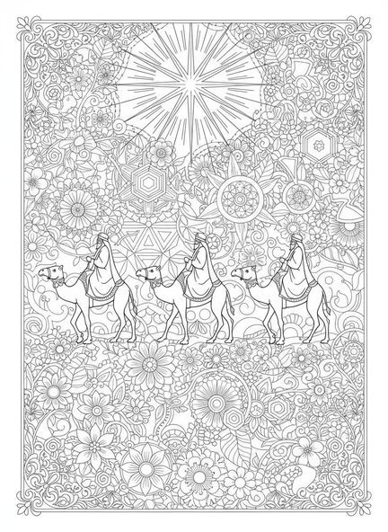 Três sábios em camelos, página de colorir dos Três Reis Magos para adultos no estilo de journaling bíblico.
