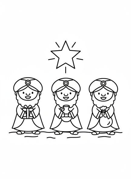 Tres Reyes Magos sonrientes, página para colorear de los Tres Reyes Magos para niños en edad preescolar de 3 a 5 años.