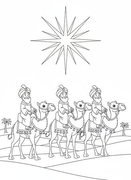 Tres Reyes Magos en camellos, página para colorear de los Reyes Magos para niños de 5 a 10 años