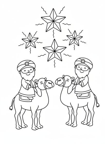 Dos sabios en camellos, página para colorear de los Reyes Magos para niños de 3 a 5 años