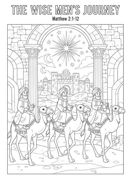 Tres Reyes Magos en camellos, página para colorear de los Reyes Magos para niños de Escuela Dominical de 5 a 12 años