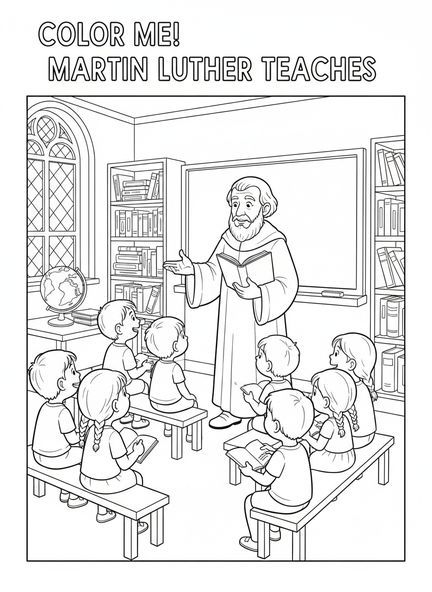 Martín Lutero enseñando, página para colorear del Día de la Reforma para niños de 5 a 10 años.