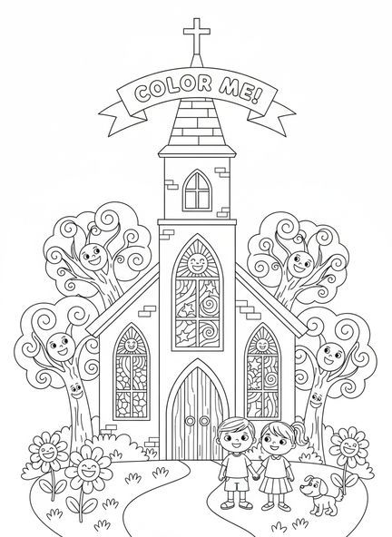 Gran iglesia de caricatura, página para colorear de la Iglesia Católica para niños de 5 a 10 años.