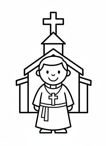 Desenho de um padre sorridente, página para colorir de Igreja Católica para crianças de 3 a 5 anos.