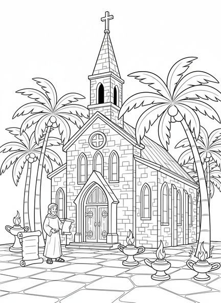 Página para colorear de una gran iglesia de piedra, edificio de la Iglesia Católica para niños de Escuela Dominical de 5 a 12 años.