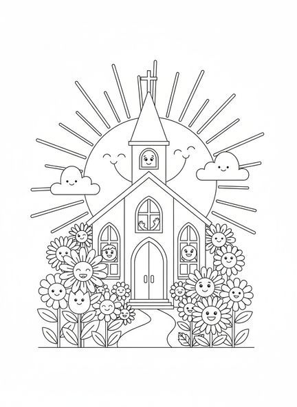 Desenho para colorir de uma igreja alegre, com campanário, para crianças de 5 a 10 anos