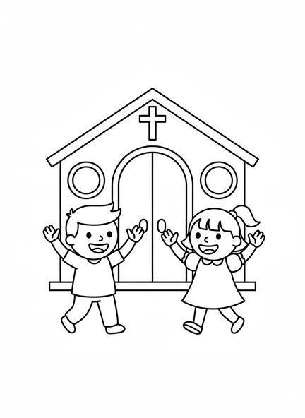 Dos personas felices acercándose a la iglesia, página para colorear del campanario para niños de 3 a 5 años.
