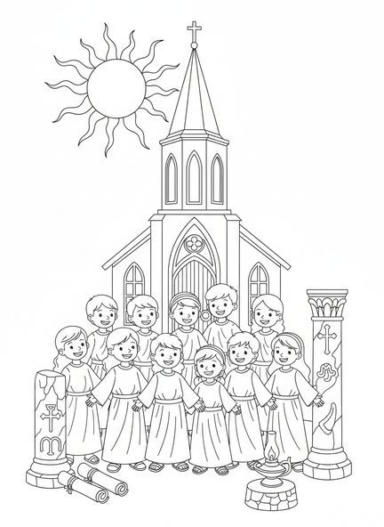 Crianças com roupas coloridas, página para colorir do Campanário da Igreja para crianças da Escola Dominical de 5 a 12 anos.