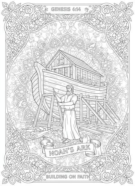 Noé travaillant sur l'arche, page à colorier Nun pour adultes dans un style de journal biblique