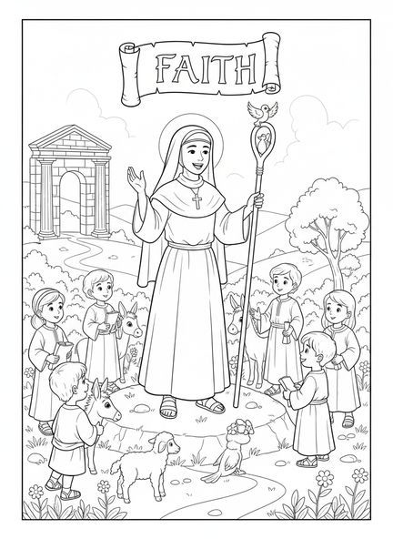 Soeur levant un bâton, page à colorier de la Soeur pour les enfants de l'École du dimanche âgés de 5 à 12 ans.
