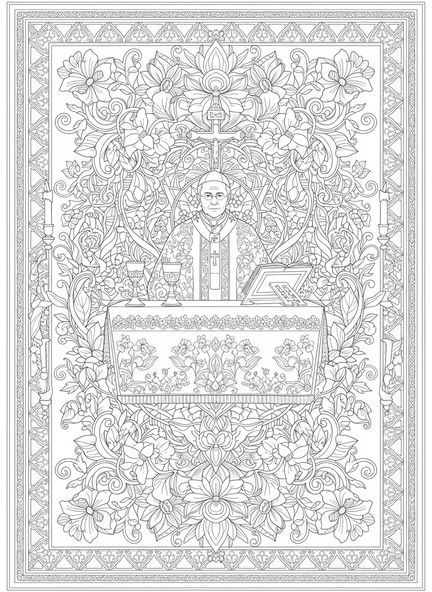 Pape en cérémonie, page à colorier pour adultes dans le style du journal biblique