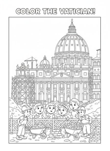 Enfants observant des bâtisseurs, page à colorier sur le Vatican pour les enfants de 5 à 10 ans